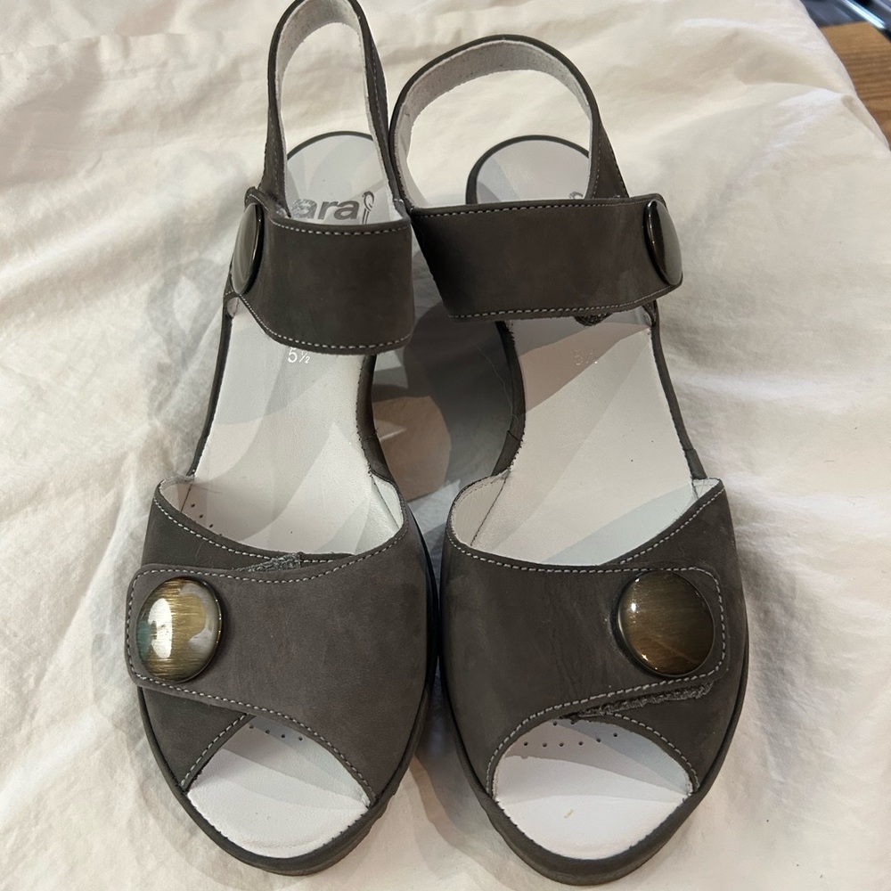 ARA Carrie Moon Nubuck Leather Wedge Sandals Shoes Grey 38.5‎ US 8